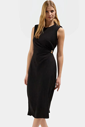 Zarif Midi Elbise Dokuma Kumaştan A line Kesim Yazlık Zarifane Tasarım Dayanıklı Malzeme