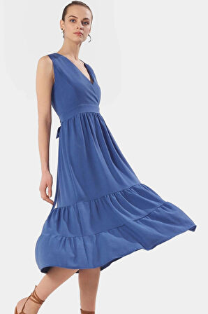 Kadın Midi Boy V Yaka Aerobin Dokuma Elbise Rahat Günlük Stil Trend Tasarım Modern