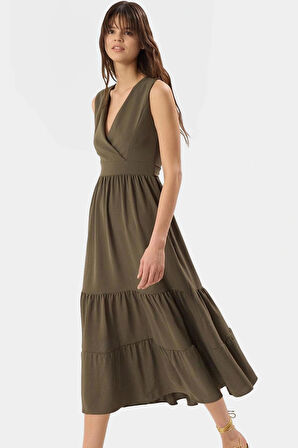 Kadın Midi Boy V Yaka Aerobin Dokuma Elbise Rahat Günlük Stil Trend Tasarım Modern