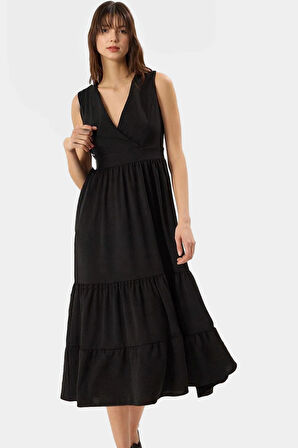 Kadın Midi Boy V Yaka Aerobin Dokuma Elbise Rahat Günlük Stil Trend Tasarım Modern