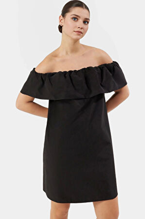 Mini Elbise Geniş Kesim Carmen Yaka Pamuk Yazlık Rahat Özenle Seçilmiş