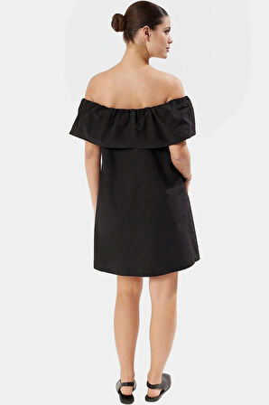 Mini Elbise Geniş Kesim Carmen Yaka Pamuk Yazlık Rahat Özenle Seçilmiş