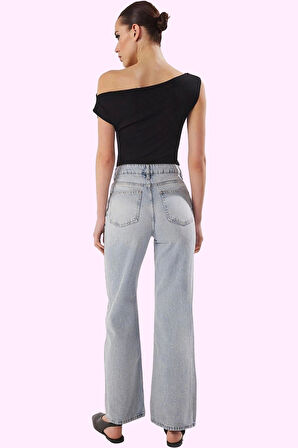 Kadın Yüksek Bel Geniş Paça Denim Jean Pantolon Pamuk Günlük Kullanım Yaz Aylarının Vazgeçilmezi