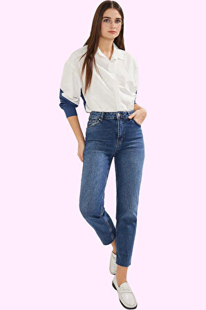 Kadın Mom Jean Geniş Paça Uzun Boy Denim Düz Desen Günlük Stil Hafta Sonu Kaliteli Malzeme