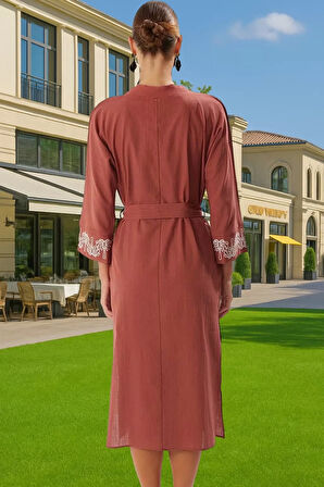 Kadın Midi Boy Flamlı Pamuk Plaj Elbisesi Tek Kol Nakış Detaylı Yüksek Kalite Dayanıklı Malzeme