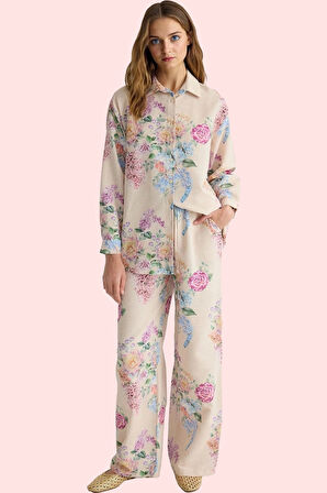 Kadın Çiçekli Desenli Oversize Keten Görünümlü Gömlek Polyester Günlük Kullanım Hafta Sonu