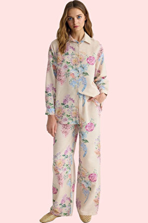 Kadın Çiçekli Desenli Oversize Keten Görünümlü Gömlek Polyester Günlük Kullanım Hafta Sonu