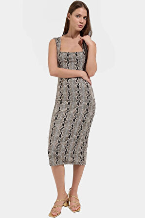 Animal Desenli Kare Yaka Bodycon Midi Örme Elbise Yazlık Rahat Şık Özel Tasarım