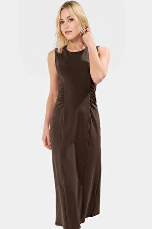 Şık Midi Boy Örme Elbise Bisiklet Yaka Yazlık Rahat Günlük Stil Modern Trend Tasarım