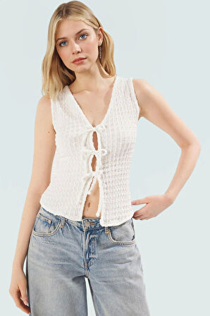 Gofre Örme Bluz V Yaka Bağcıklı Yazlık Günlük Kullanım İçin Yüksek Kalite Mükemmel Uyum