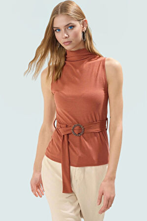 Kadın Dik Yaka Kemerli Örme Bluz Rahat Yazlık Günlük Uzun Ömürlü Seçkin Malzeme Ve Şık