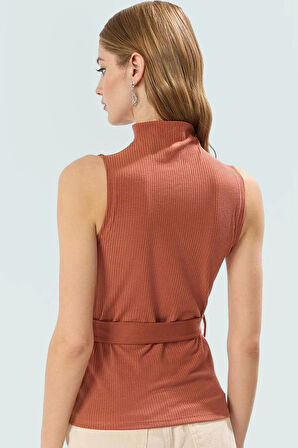 Kadın Dik Yaka Kemerli Örme Bluz Rahat Yazlık Günlük Uzun Ömürlü Seçkin Malzeme Ve Şık