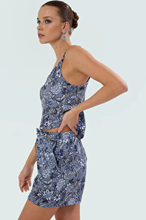 Kadın Çiçekli Örme Askılı Crop Üst Ve Şort Takım Rahat Günlük Stil Trend Tasarım