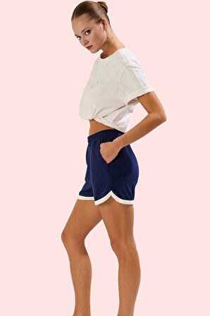 Kadın Kısa Boy Örme Şort Renk Bloklu Desen Rahat Kalıp Günlük Kullanım Yaz Aylarının Vazgeçilmezi