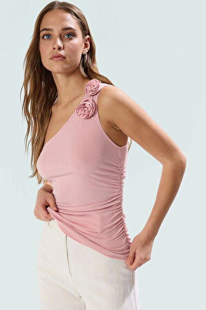 Asimetrik Yaka Fitted Örme Bluz Tek Kol Kolsuz Yazlık Profesyonel Görünüm Konforlu Kesim