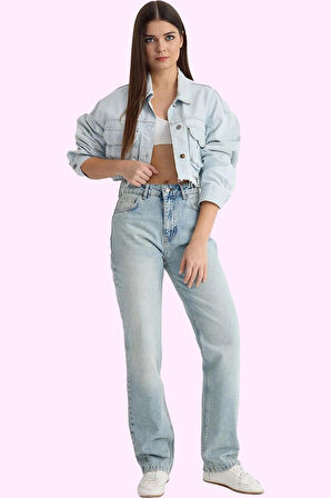 Kadın Yüksek Bel Straight Jean Boru Paça Günlük Stil Pamuk Hafta Sonu Yaz Aylarının Vazgeçilmezi