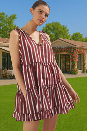 Yazlık Çizgili Mini Elbise %100 Pamuklu V Yaka Plaj Elbisesi Profesyonel Görünüm Uzun Ömürlü