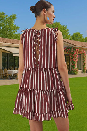 Yazlık Çizgili Mini Elbise %100 Pamuklu V Yaka Plaj Elbisesi Profesyonel Görünüm Uzun Ömürlü