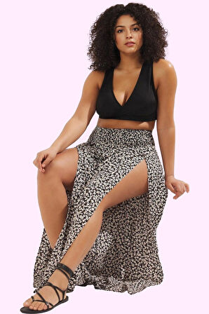 Kadın Geniş Paça Crinkle Dokuma Pantolon Çiçekli Desen Yüksek Bel Yazlık Plaj Günlük Kullanım