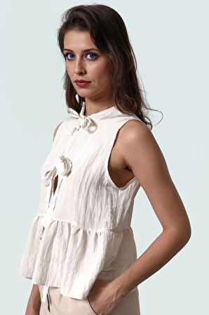 Keten Görünümlü Büzgülü Crop Bluz Rahat Yazlık Stil Dayanıklı Malzeme Kullanım