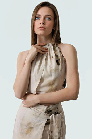 Keten Görünümlü Halter Yaka Kolsuz Crop Bluz Rahat Yazlık Günlük Stil Ve Şık