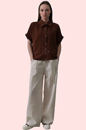 Kadın Oversize Gömlek Yaka Kısa Kollu Pamuklu Günlük Kullanım Hafta Sonu Dayanıklı Malzeme