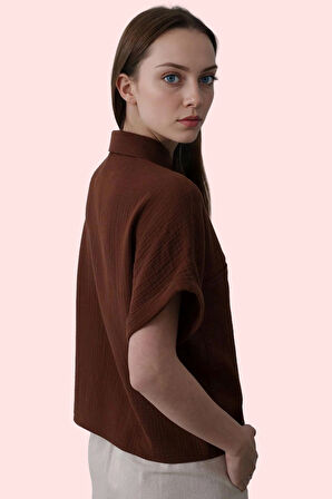 Kadın Oversize Gömlek Yaka Kısa Kollu Pamuklu Günlük Kullanım Hafta Sonu Dayanıklı Malzeme