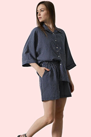 Kadın Çizgili Mini Şort Yüksek Bel Geniş Paça Crinkle Dokuma Kısa Boy Yaz Günlük Kombinler