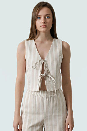 Yazlık Çizgili V Yaka Keten Bluz Rahat Günlük Stil Modern Seçkin Malzeme Özel Tasarım