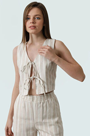 Yazlık Çizgili V Yaka Keten Bluz Rahat Günlük Stil Modern Seçkin Malzeme Özel Tasarım