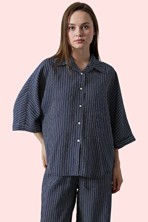 Kadın Oversize Çizgili Gömlek Düşük Kol Uzun Kollu Regular Kalıp Yaz Aylarının Vazgeçilmezi