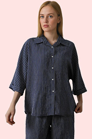 Kadın Oversize Çizgili Gömlek Düşük Kol Uzun Kollu Regular Kalıp Yaz Aylarının Vazgeçilmezi