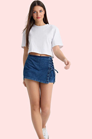 Kadın Denim Şort Etek Bağcıklı Detay Kısa Boy Pamuklu Yazlık Günlük Kullanım Modern Tasarım