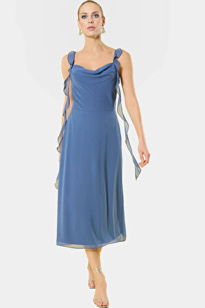 Şifon A Kesim Midi Elbise Büzgülü Kolsuz Yazlık Özenle Seçilmiş Profesyonel Görünüm