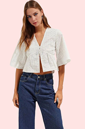 Kadın Yazlık Çiçekli Desenli V Yaka Truvakar Kol Gömlek Pamuk Günlük Kullanım Modern Tasarım