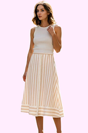 Kadın Çizgili A Line Midi Etek Şık Casual Yazlık Günlük Hafta Sonu Yaz Aylarının Vazgeçilmezi