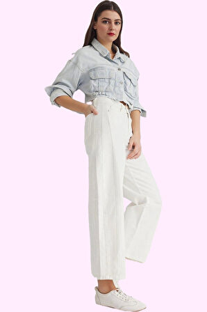 Kadın Yüksek Bel Geniş Paça Denim Pantolon Pamuk Günlük Stil Hafta Sonu Yaz Aylarının Vazgeçilmezi