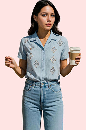 Kadın Kısa Kollu Nakışlı Brode Gömlek Regular Kalıp Günlük Kullanım Yaz Aylarının Vazgeçilmezi