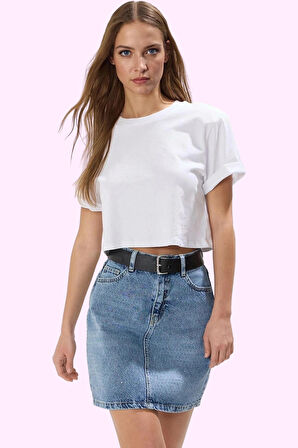 Kadın Denim Mini Etek Taş Detaylı A line Kalıp Günlük Kombinler Yaz Aylarının Vazgeçilmezi