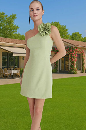 Şık A Kesim Mini Abiye Elbise Dokuma Kumaş Gül Detaylı Zarifane Tasarım Yüksek Kalite Premium Kalite