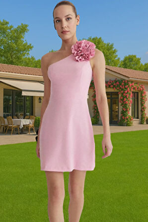 Şık A Kesim Mini Abiye Elbise Dokuma Kumaş Gül Detaylı Zarifane Tasarım Yüksek Kalite Premium Kalite