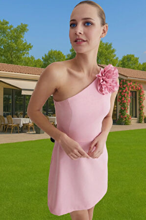 Şık A Kesim Mini Abiye Elbise Dokuma Kumaş Gül Detaylı Zarifane Tasarım Yüksek Kalite Premium Kalite