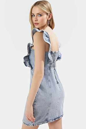 Denim Mini Elbise Kare Yaka Büzgülü Fırfırlı Kol Yazlık Günlük Tarz Yüksek Kalite Zarifane Tasarım