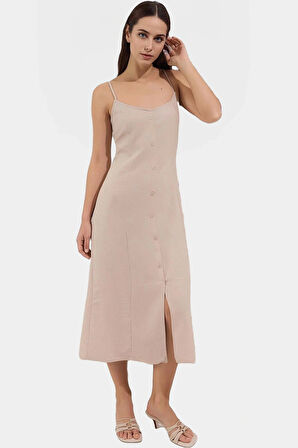 Yazlık Midi Gömlek Elbise Kare Yaka Aerobin Dokuma Polyester Modern Stil