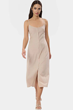Yazlık Midi Gömlek Elbise Kare Yaka Aerobin Dokuma Polyester Modern Stil