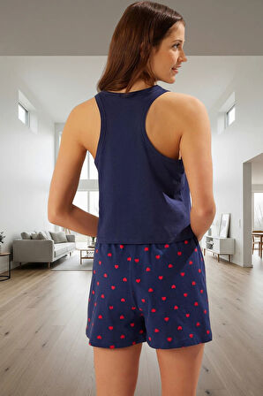 Kadın Kalpli Desenli Pamuklu Pijama Takımı Rahat Yazlık Homewear Profesyonel Görünüm