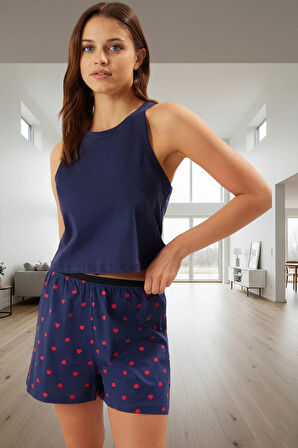 Kadın Kalpli Desenli Pamuklu Pijama Takımı Rahat Yazlık Homewear Profesyonel Görünüm