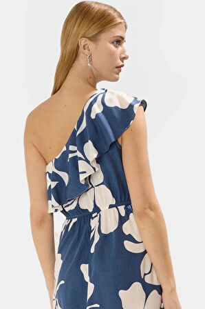 Yazlık Çiçekli Midi Elbise Asimetrik Yaka Viskoz Kumaş Günlük Şık Özel Tasarım