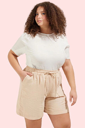 Kadın Büyük Beden Keten Görünümlü Şort Rengi Rahat Günlük Yaz Hafta Sonu Dayanıklı Malzeme