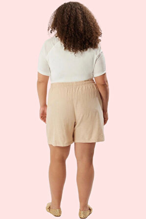 Kadın Büyük Beden Keten Görünümlü Şort Rengi Rahat Günlük Yaz Hafta Sonu Dayanıklı Malzeme